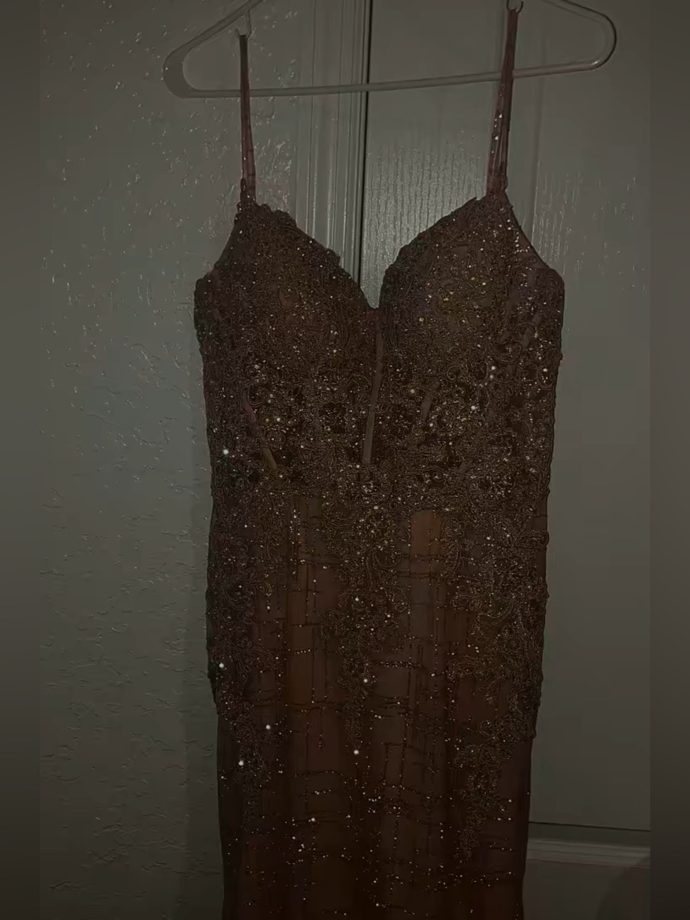 rose gold prom dress covered in rhinestones and gold gitter